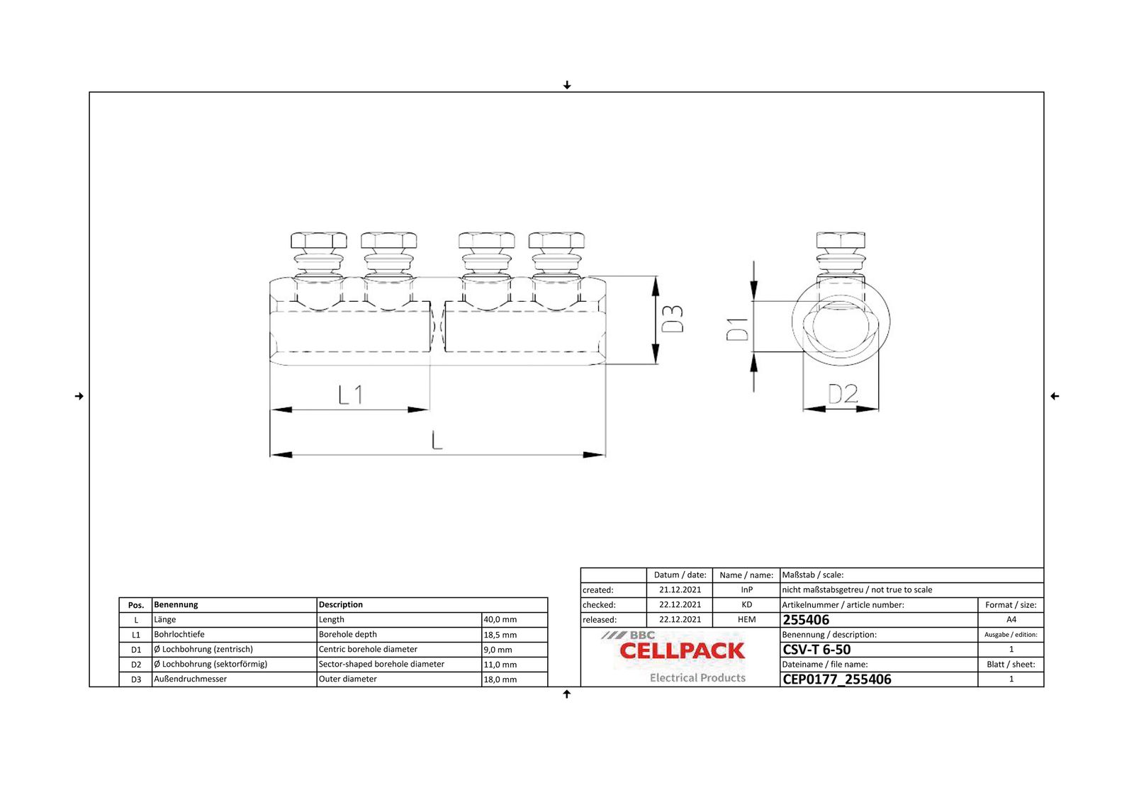 Schraubverbinder 6-50qmm2 verzinnt al 2f6-50qmm Ölstopp/Mittelsteg bis 15 kv