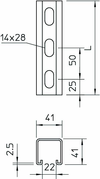 C-Profilschiene ST 3000x41x41mm 22mm D2,5mm Rück_gel