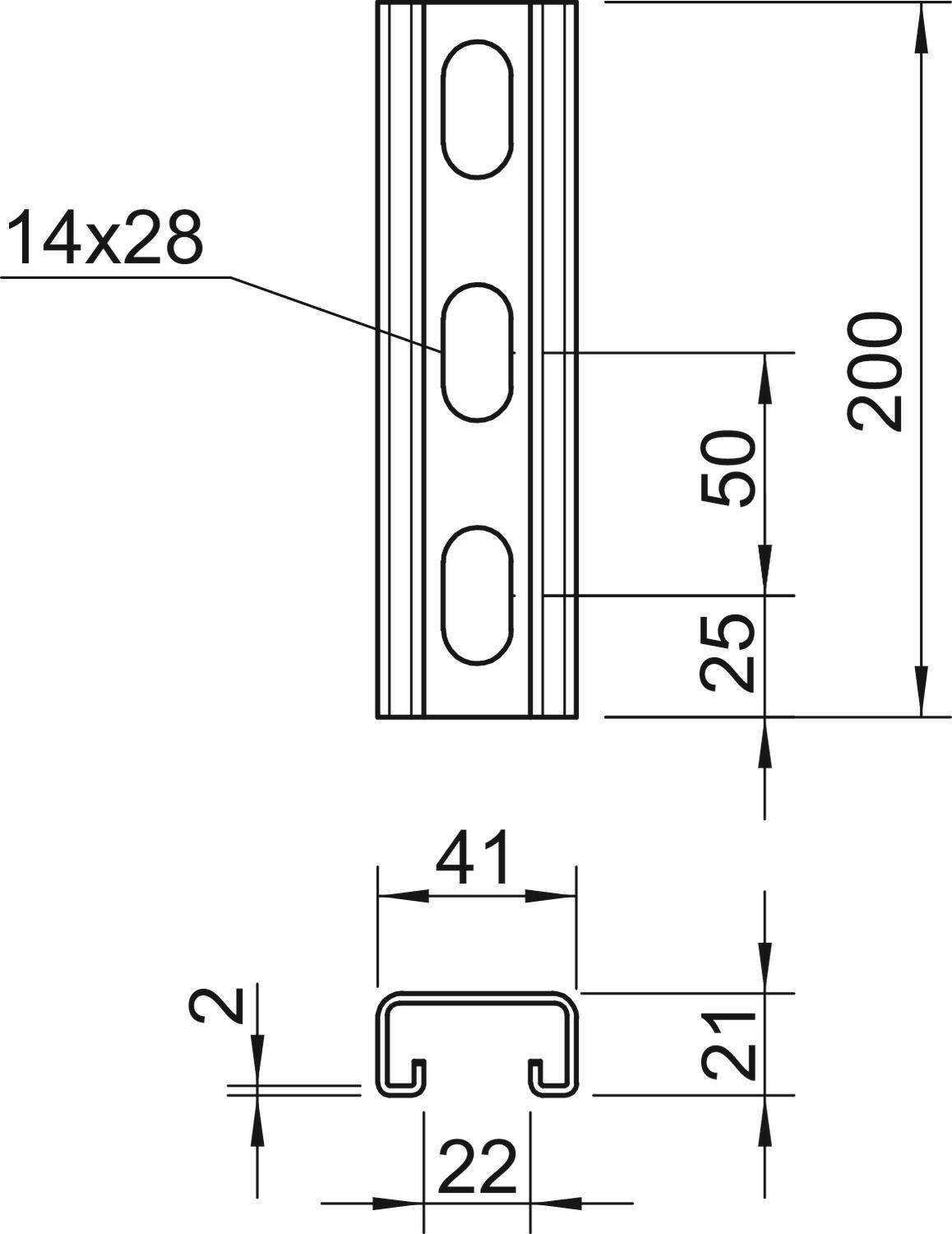 C-Profilschiene ST 200x41x21mm 22mm D2mm Rück_gel