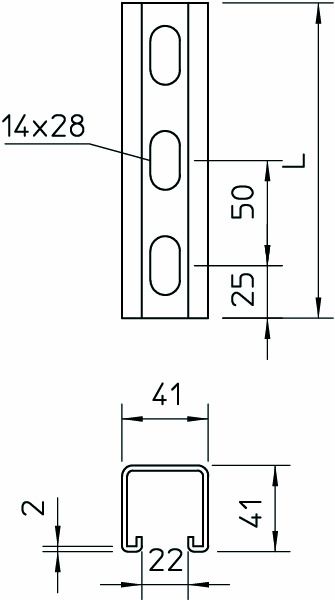 C-Profilschiene ST 3000x41x41mm 22mm D2mm Rück_gel