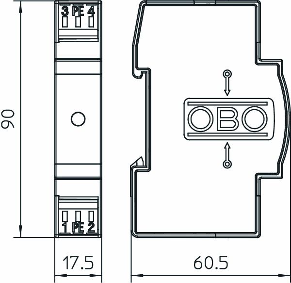 Überspannungsschutzgerät 60VAC 60VDC opt TS35 Hutschiene TH35 1,2kVa-e 0,28kVa-a