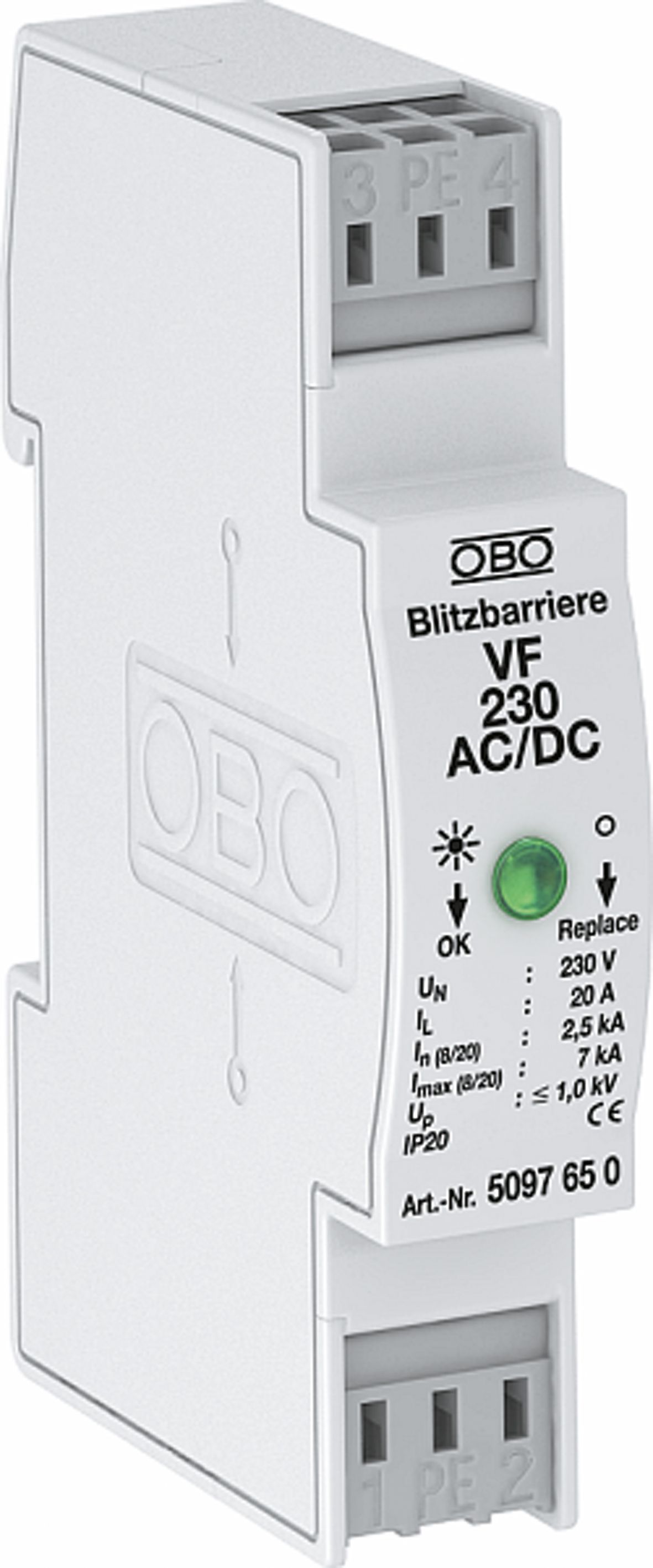 Überspannungsschutz 230VAC 230VDC 1,4kV 3p Hutschiene TH35 opt