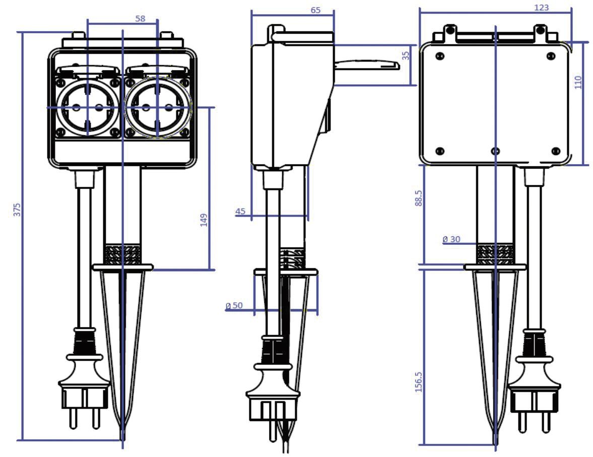 Gartensteckdose 2f sw 2m IP44 1,5qmm Mit Erdspieß