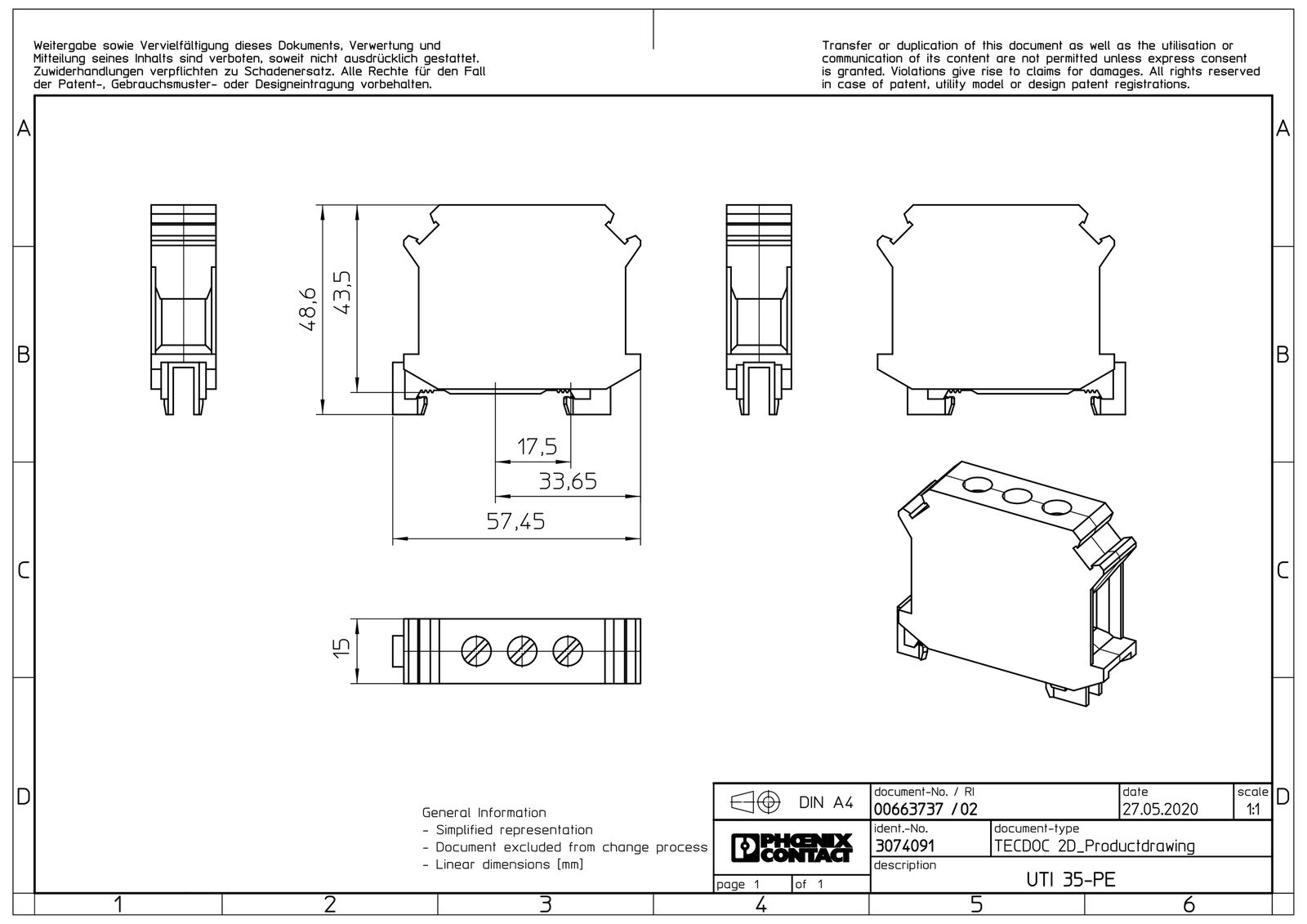 Schutzleiter-Reihenklemme 0,75-35qmm gn/ge 1Etage Hutschiene TH35