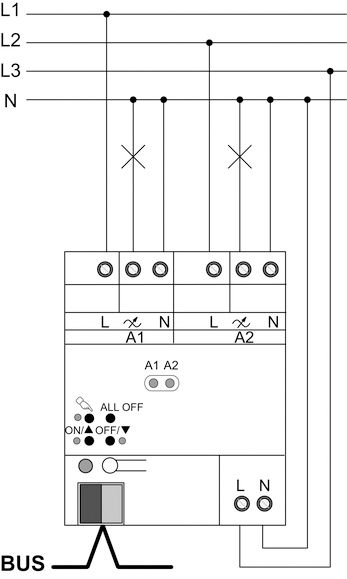 Dimmaktor KNX 0-300W REG 4TE 2Ausg uni Vor Ort-/Handbedienung