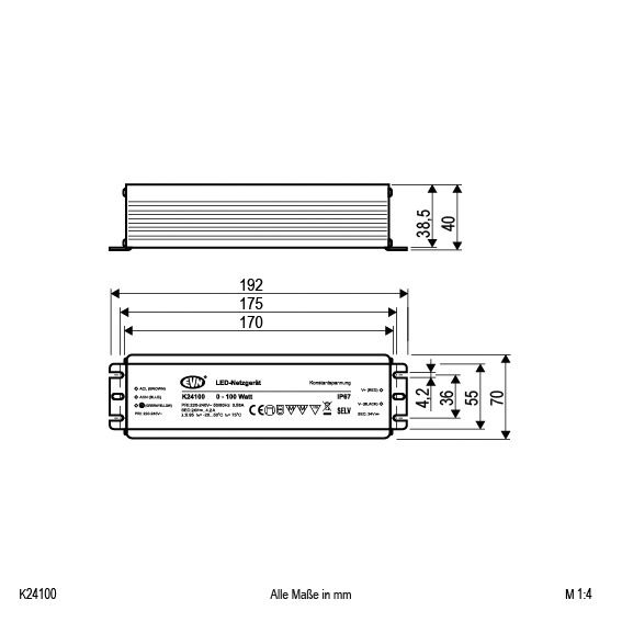 LED-Trafo 0-100W 24V IP67 Metallgeh stat 240x70x45mm