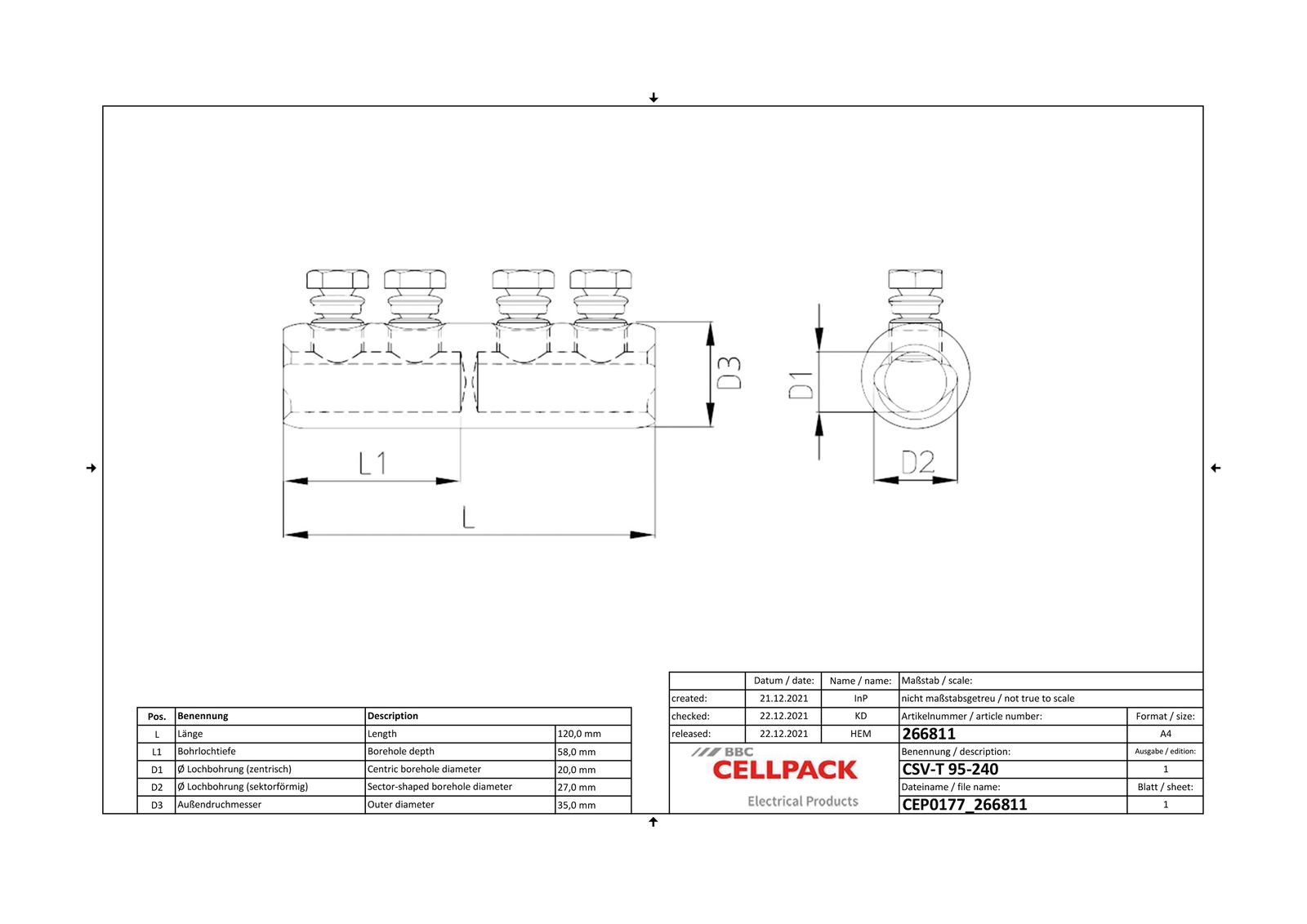 Schraubverbinder 95-240qm verzinnt 4f95-240qmm aluminium/kupfer bis 15 kv
