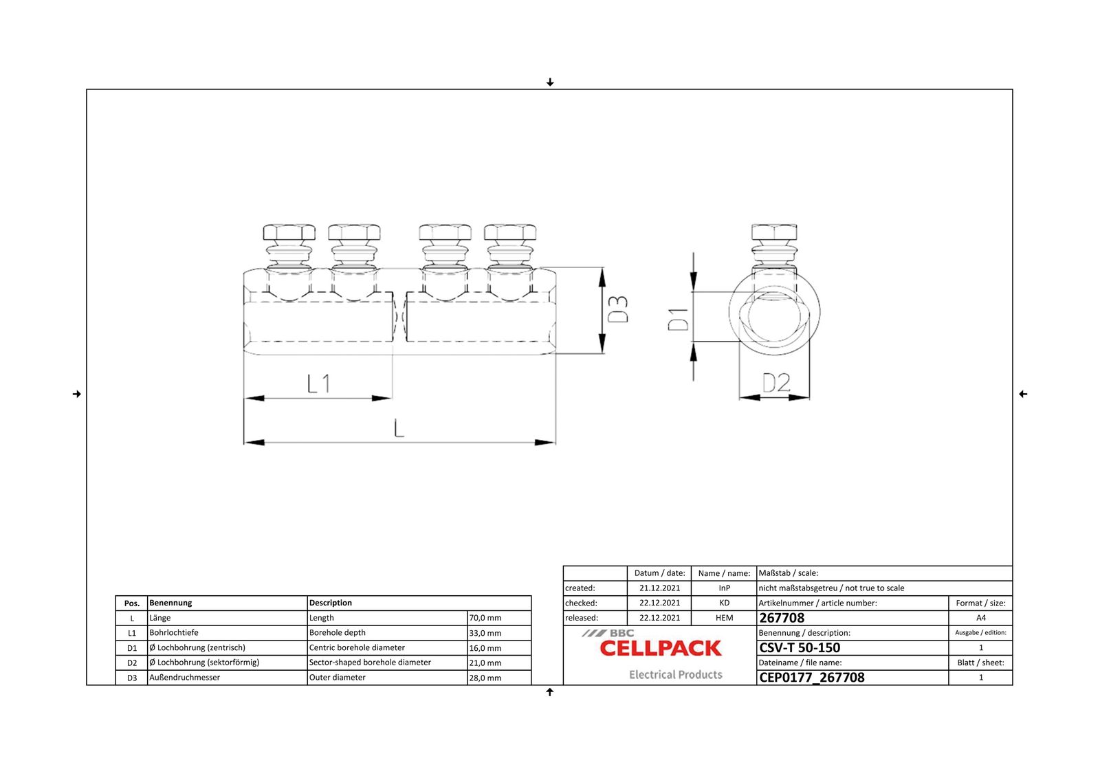 Schraubverbinder 50-150qm verzinnt 2f50-150qmm aluminium/kupfer bis 15 kv