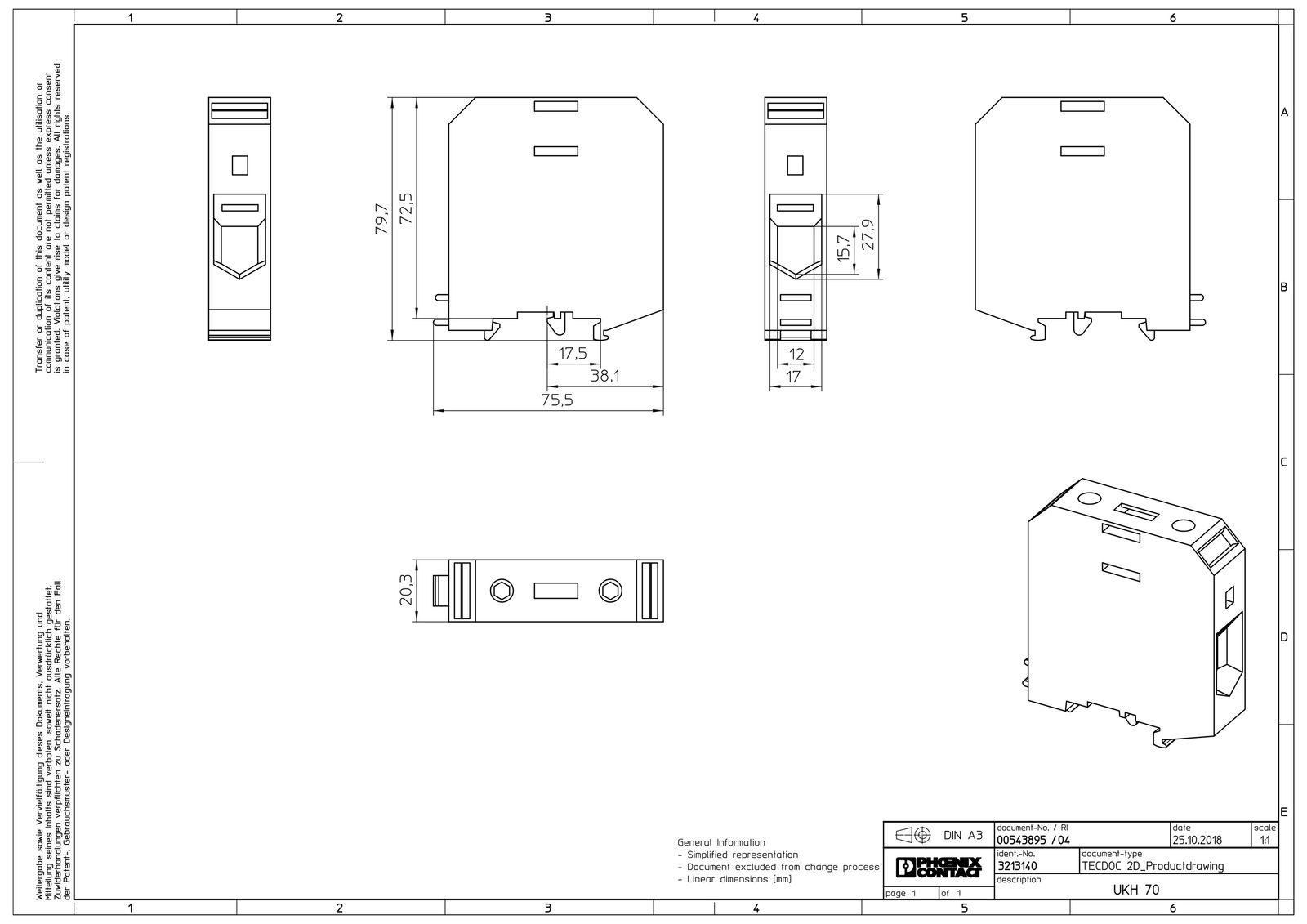 Reihenklemme 25-70qmm 1Etage gr 192A TS35 Hutschiene TH35