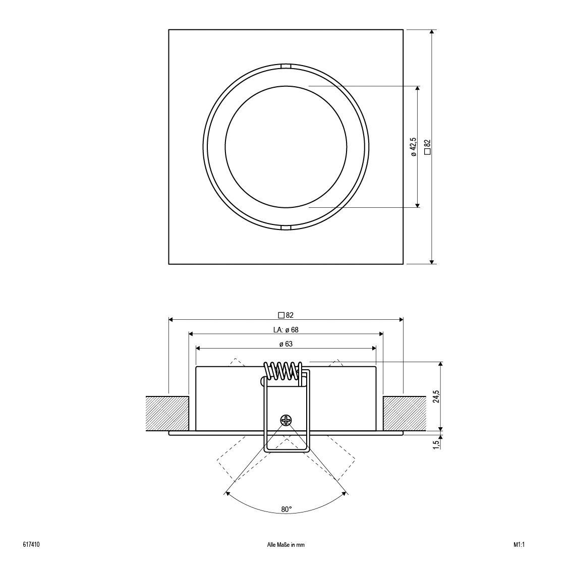 Einbaustrahler 50W Konv GX5,3 edst IP20 gbürst gebürstet Ø/EB68mm 82x82x26mm