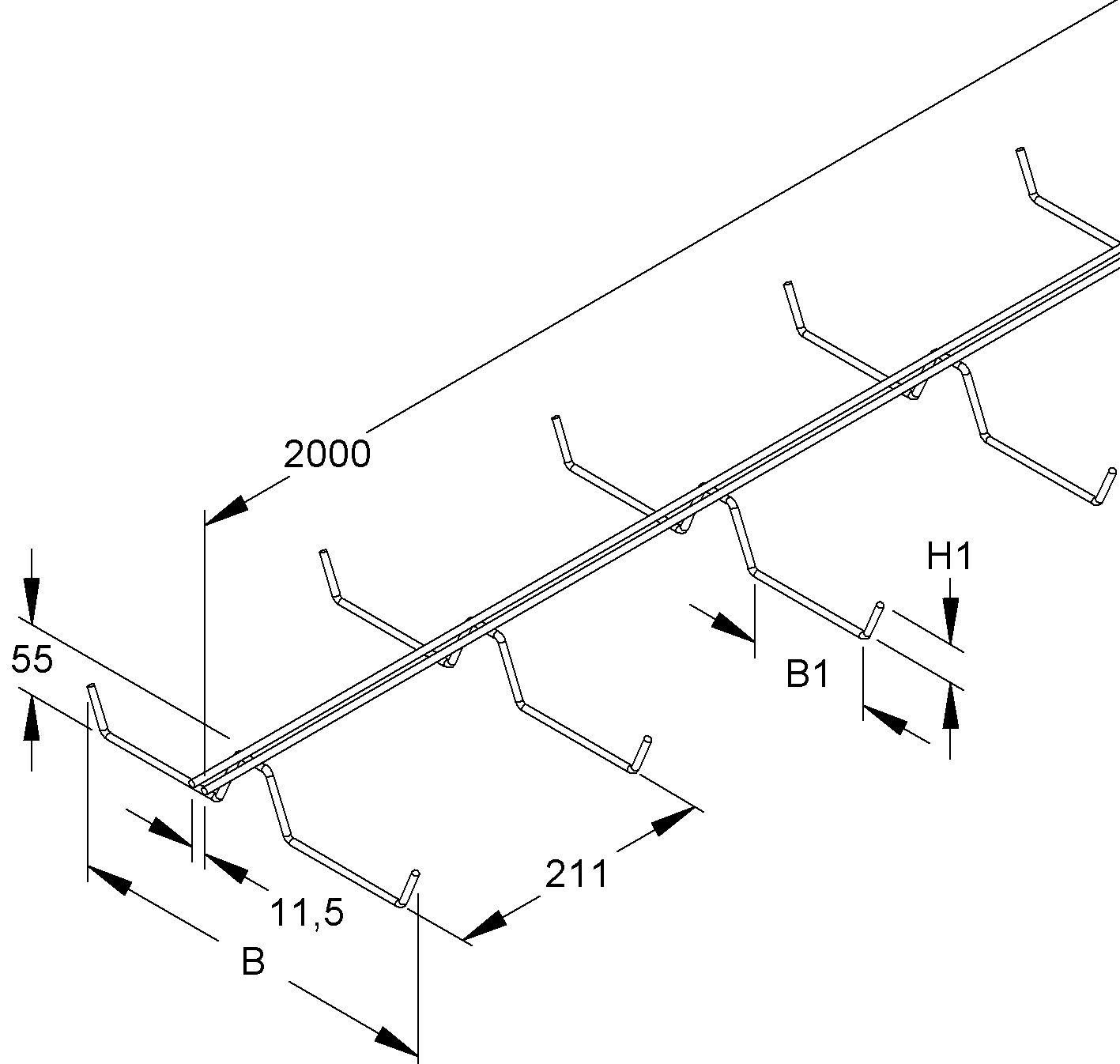 Deckenträger W-Form 55x200x2000mm Ø5mm