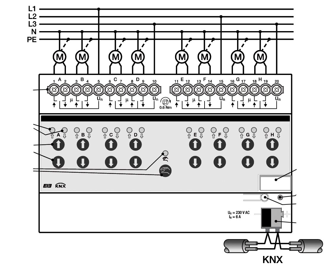 Jalousieaktor KNX REG 4f 4Eing Handbedien Vor Ort-/Handbedienung