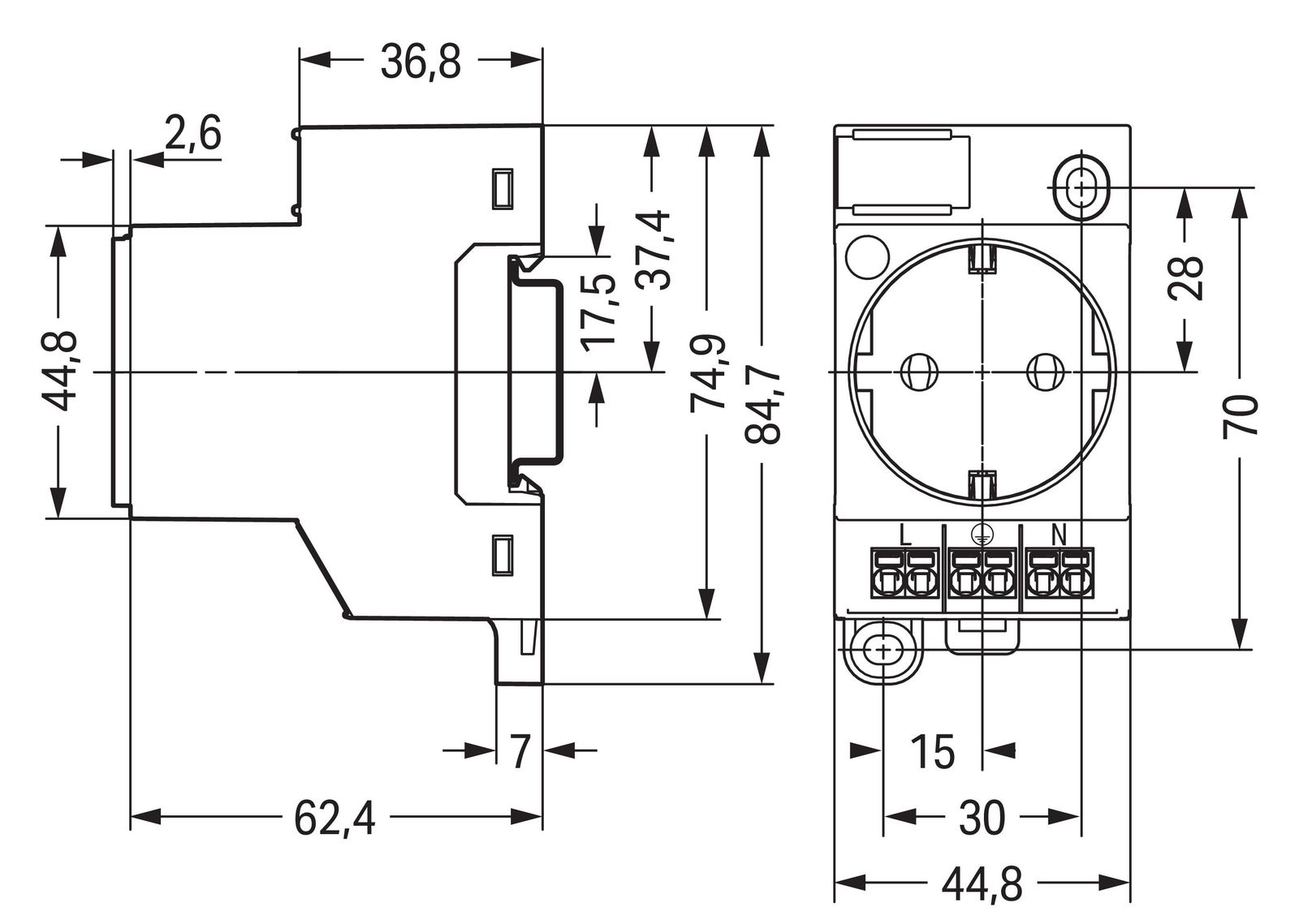 Steckdose REG 250V/AC 16A m.KontrLeuchte 2,5TE Mit Kontroll-Leuchte 84,7mm IP20