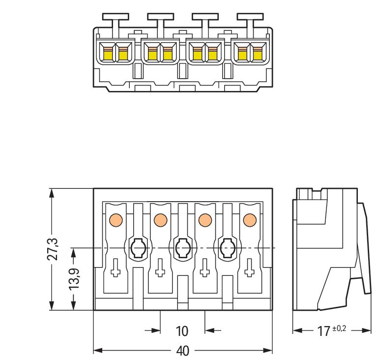 Klemmleiste 4p ws Serie 294 24A Thermopl 0,5-2,5qmm 40mm Federzugans Steckklemm