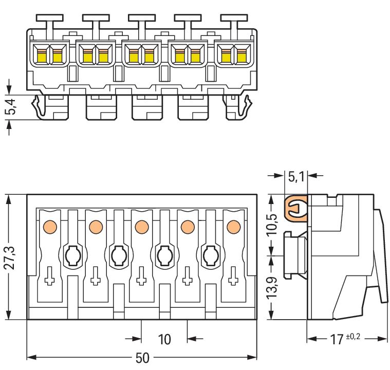 Klemmleiste 5p ws Serie 294 24A Thermopl 0,5-2,5qmm 50mm Federzugans Steckklemm