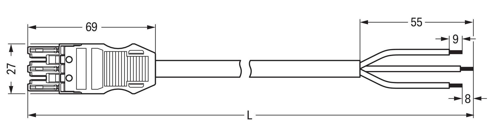 Systemverbindung 3p Serie 771 H05VV-F ws 2,5qmm 3x2,5qmm L6000mm Buchse fr.Ende