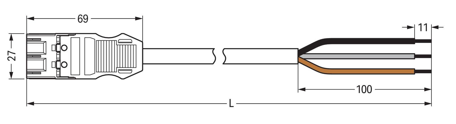 Systemverbindung 3p Serie 771 H05VV-F sw 1,5qmm 3x1,5qmm L8000mm Stecker fr.Ende