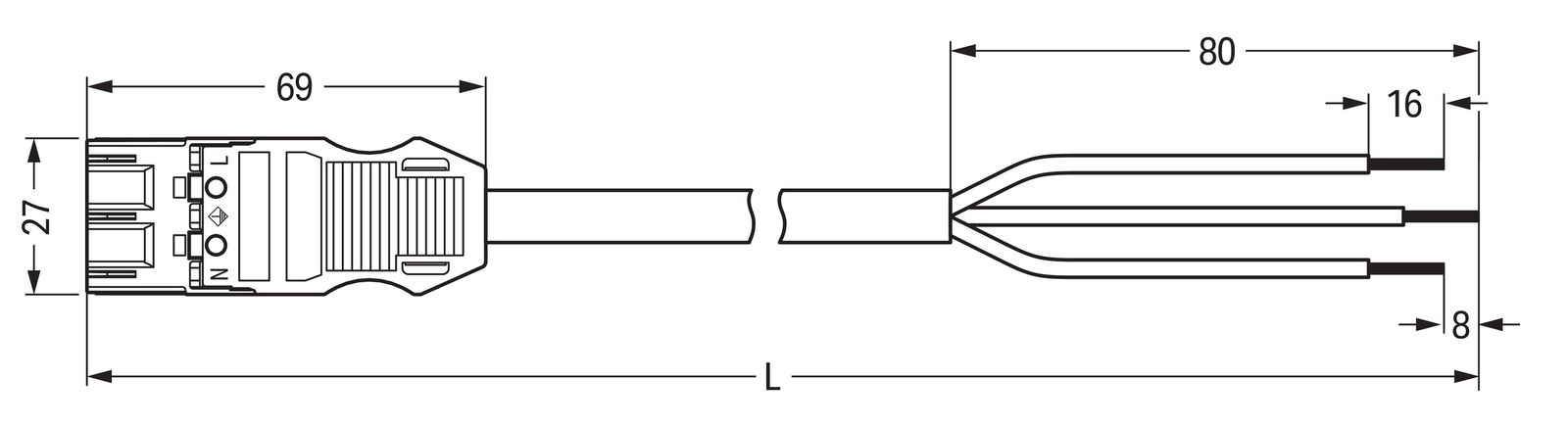 Systemverbindung 3p Serie 771 H05VV-F sw 1,5qmm 3x1,5qmm L1000mm Stecker fr.Ende