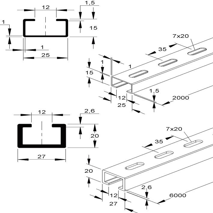 C-Profilschiene Alu 6000x27x20mm Rück_gel
