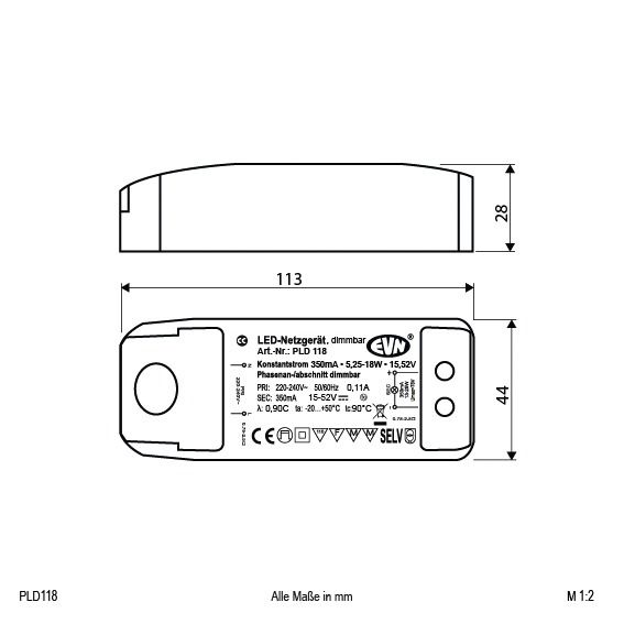 LED-Steuerung 9,1-18,2W 350mA 51V IP20 dim dim Dimmung Phasenabschnitt Kstgeh