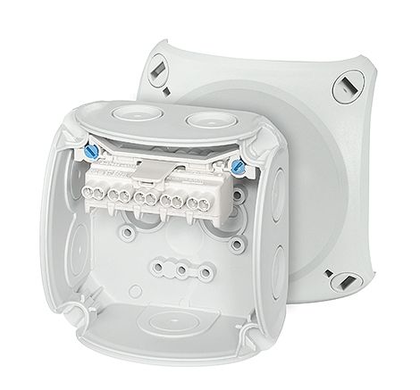 Klemmenkasten 6qmm 5f Kst 130x130x77mm AP 8einf IP66 hfr