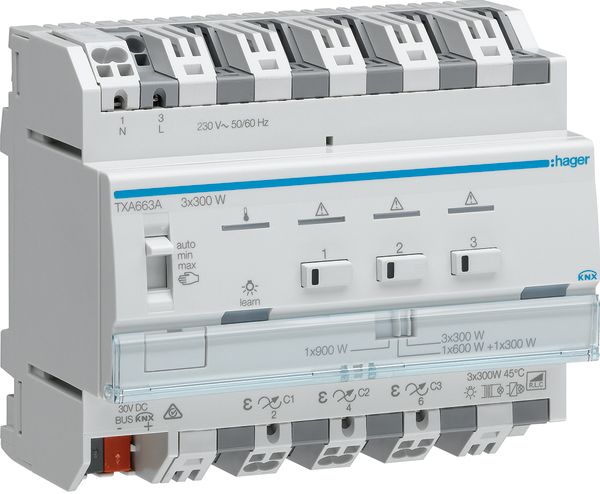 Dimmaktor KNX 0-300W REG 6TE 3Ausg uni Vor Ort-/Handbedienung