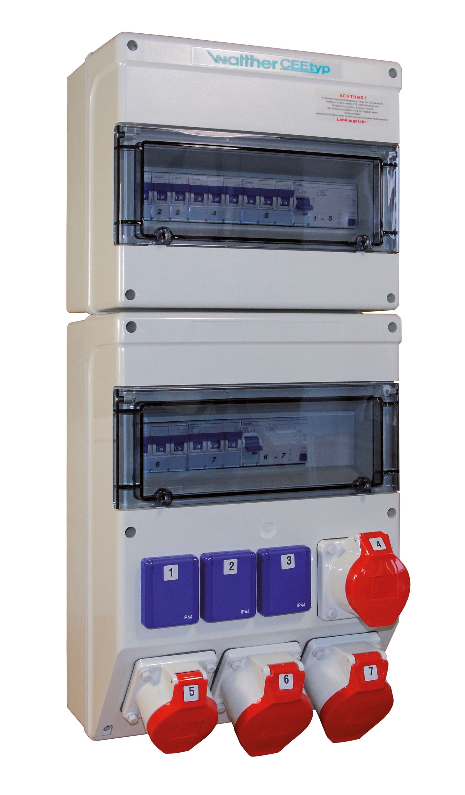 CEE-Kombi Kst gr IP44 2x16A5p400V 2x32A5p400V 3Steckd LS-Schalter