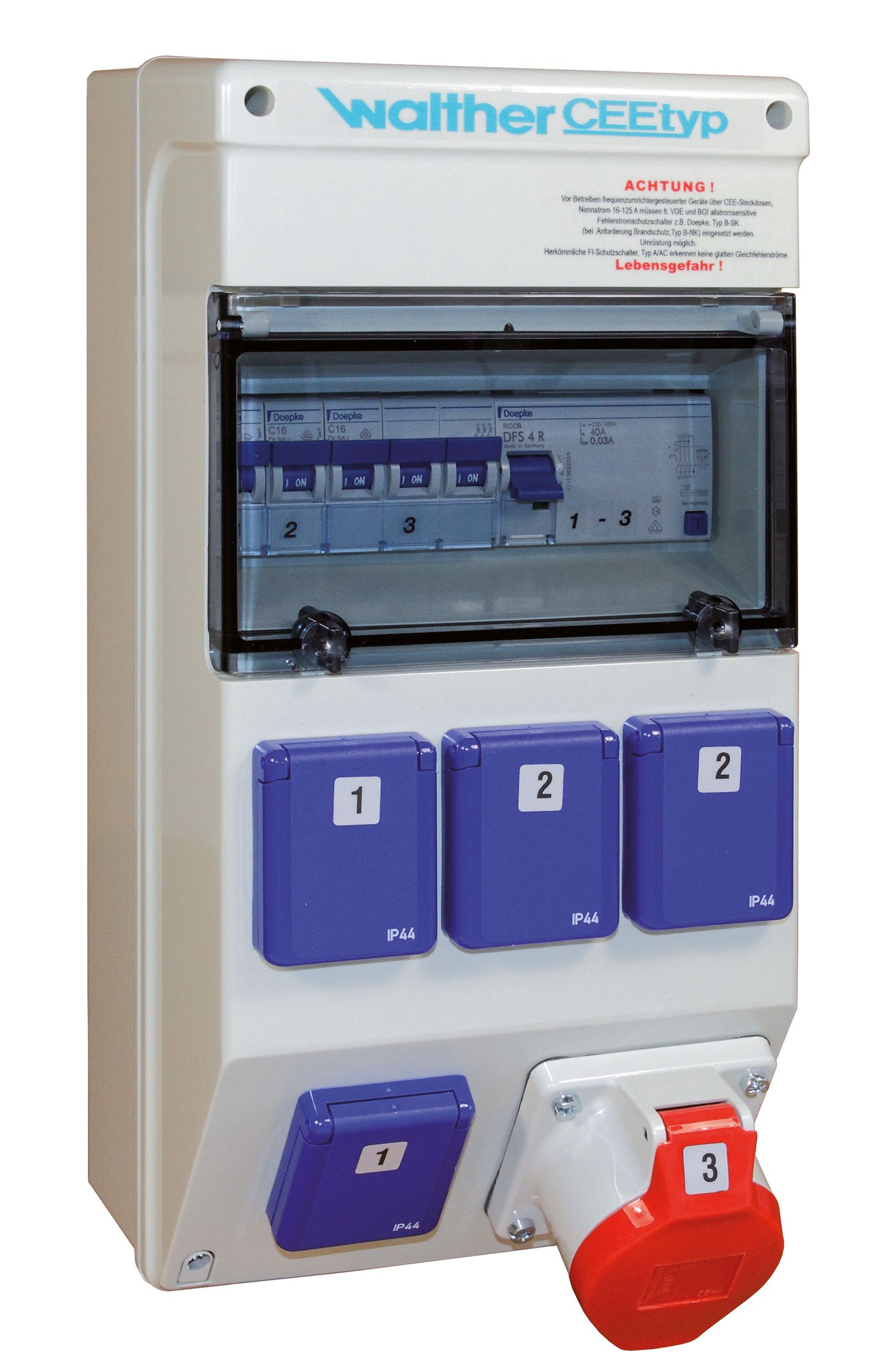 CEE-Kombi Kst gr IP44 1x16A5p400V 4Steckd LS-Schalter