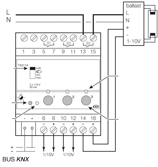 Dimmaktor KNX 0-2300W REG 4TE 3Ausg uni Vor Ort-/Handbedienung