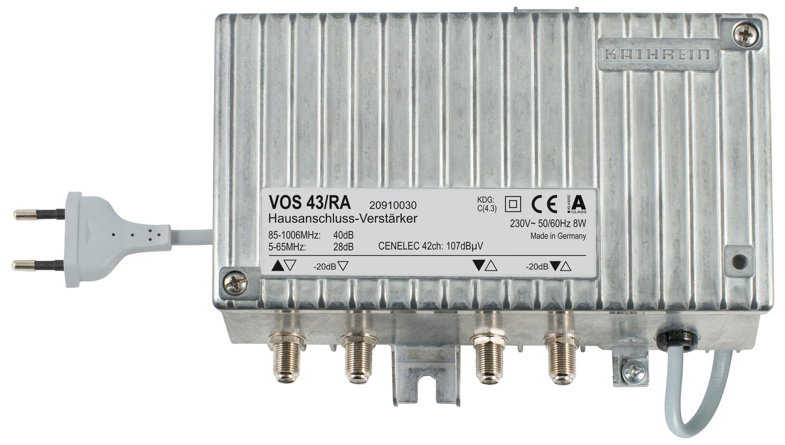 Hausanschlussverstärker 1Eing 1Ausg 40dB 34dB/UHF 20dB/Rück F-Conn eingeb