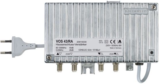 Hausanschlussverstärker 1Eing 1Ausg 40dB 34dB/UHF 20dB/Rück F-Conn eingeb