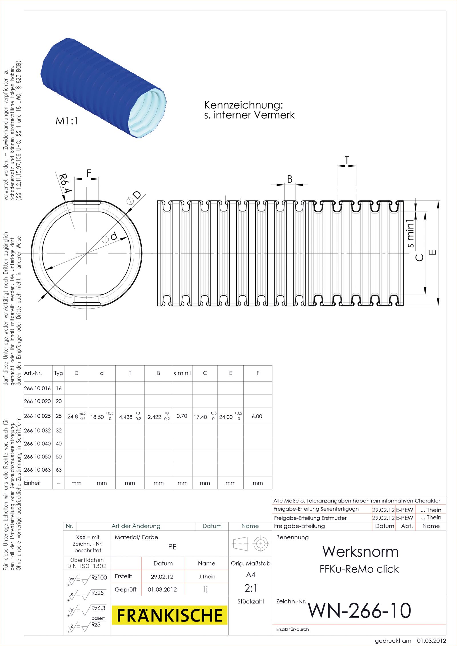 Wellrohr Ø25mm PE IP68 ohne Ummantelung bl 320N Polyethylen (PE) -25-90°C