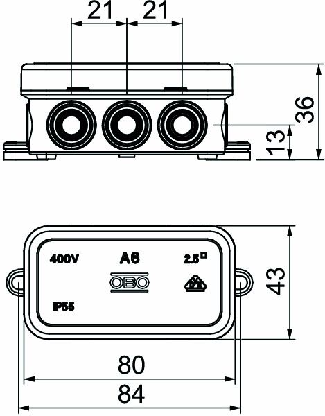 Abzweigdose IP55 2,5qmm 80x43x34mm lgr Kst Wand/Decke hfr