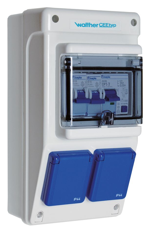 Steckdosen-Kombi Kst gr I 2Steckd IP44 LS-Schalter FI mit IFN 0,03 A (Standard)