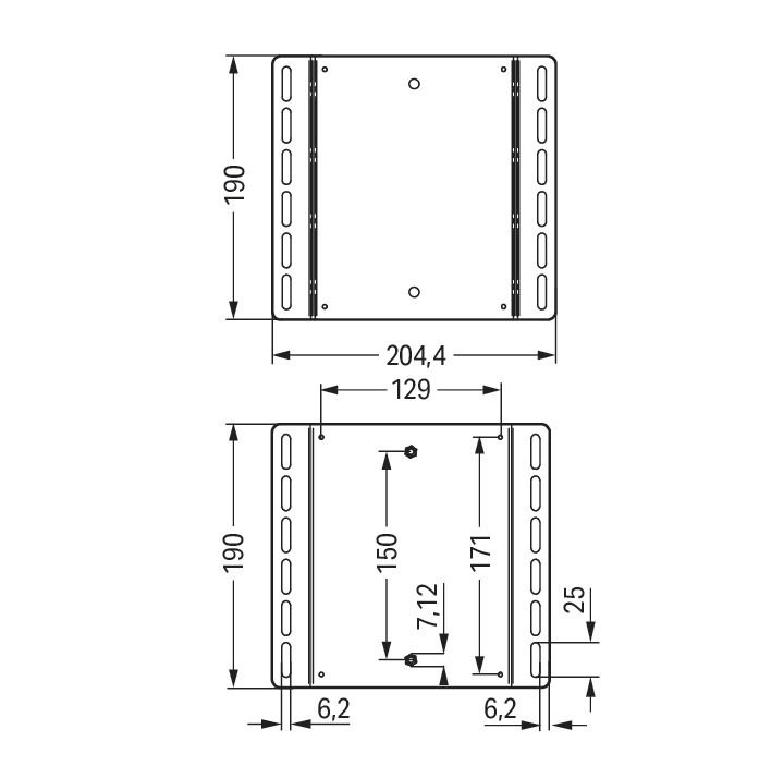 Montageplatte Verteiler Serie 770 Kst unbeh 204,36x190mm Lochung