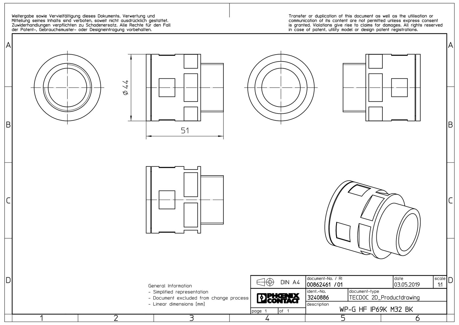 Wellrohrverschraubung PA Ø34,5mm M32x1,5 IP68 Polyamid (PA) M32 x 1,5 ger Schnapp