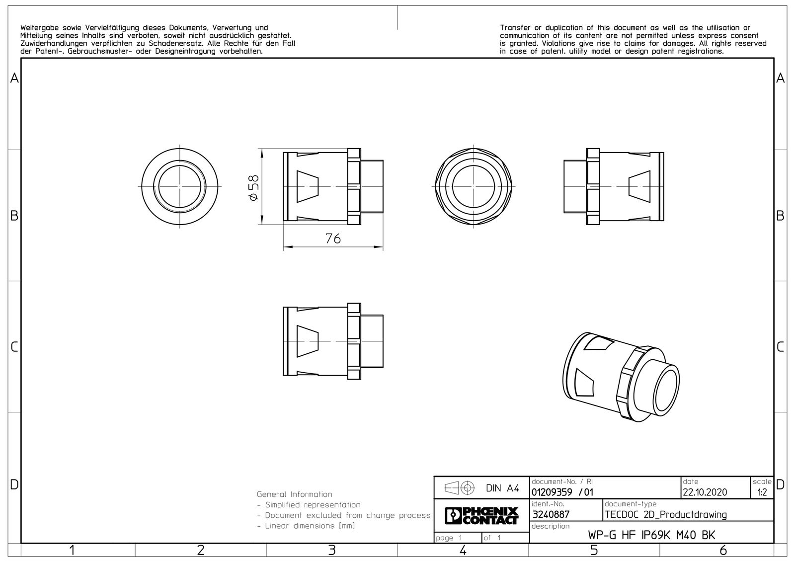 Wellrohrverschraubung PA Ø42,5mm M40x1,5 IP68 Polyamid (PA) M40 x 1,5 ger Schnapp