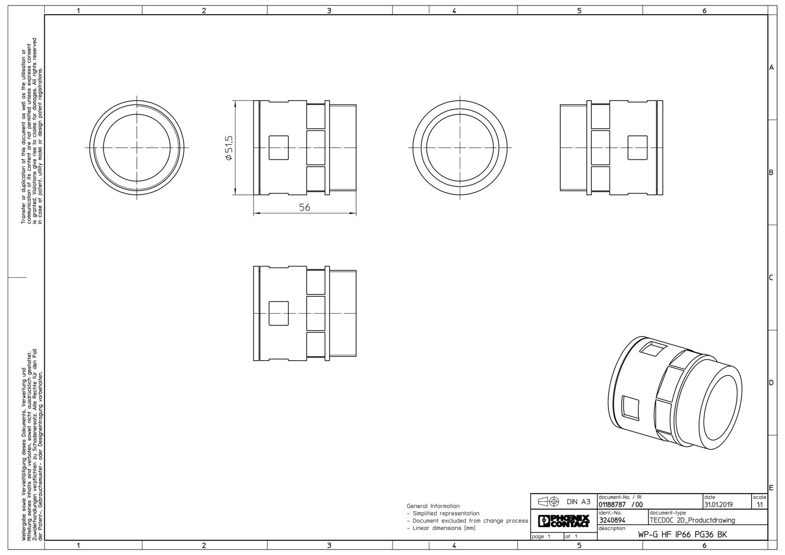 Wellrohrverschraubung PA Ø42,5mm PG36 IP66 ger Polyamid (PA) Schnapp 14,5mm