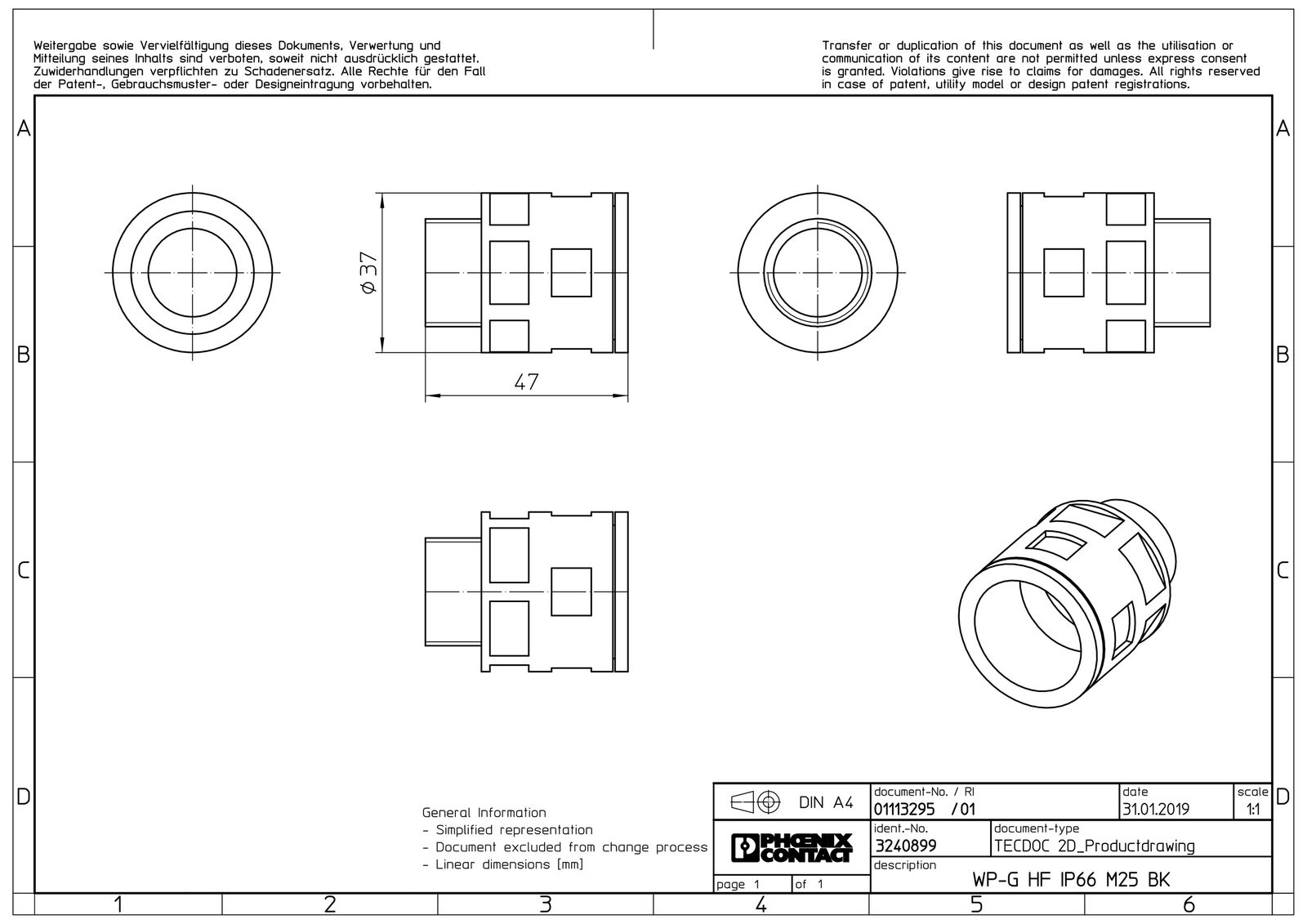 Wellrohrverschraubung PA Ø28,5mm M25x1,5 IP66 Polyamid (PA) M25 x 1,5 ger Schnapp