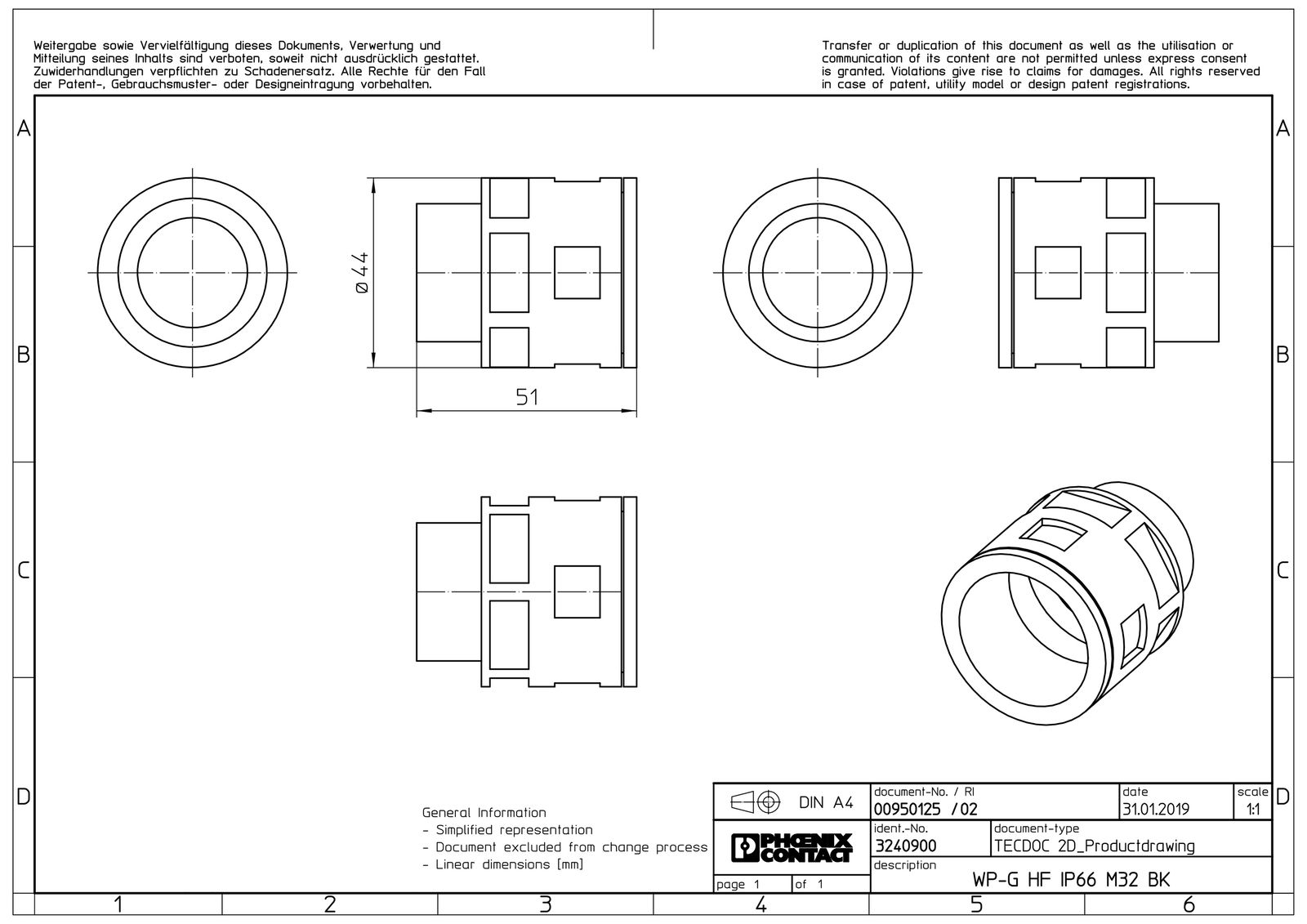 Wellrohrverschraubung PA Ø34,5mm M32x1,5 IP66 Polyamid (PA) M32 x 1,5 ger Schnapp