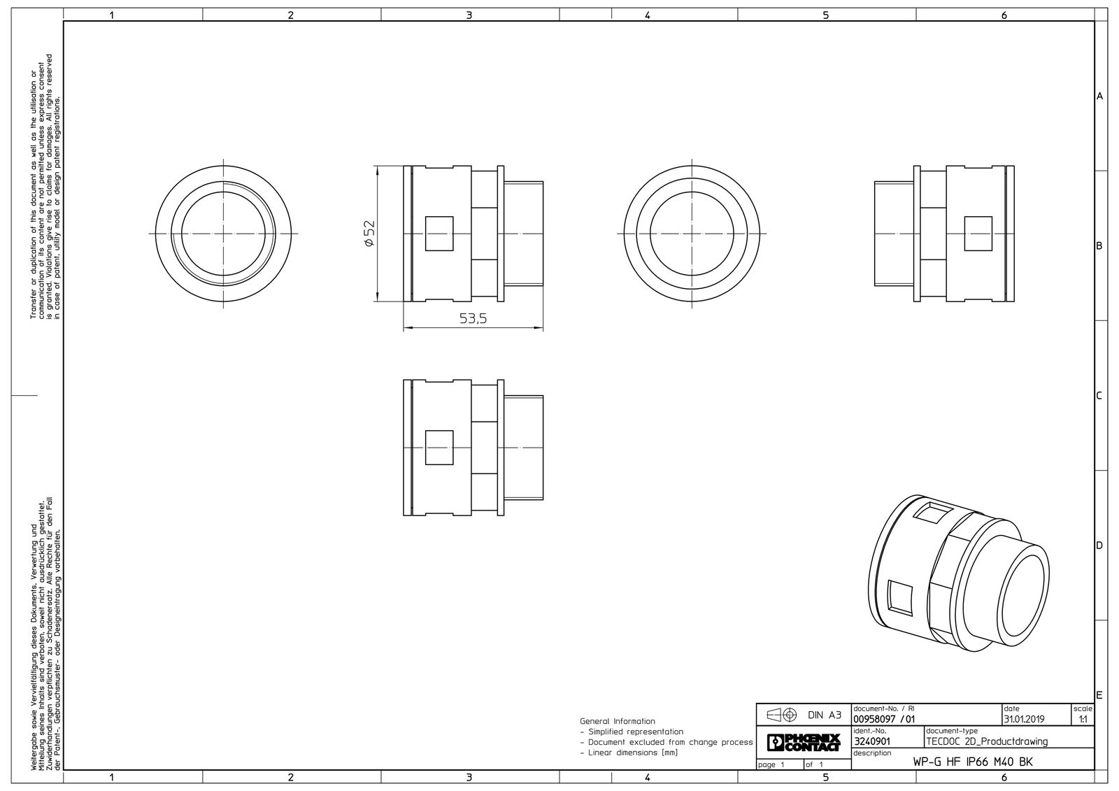 Wellrohrverschraubung PA Ø42,5mm M40x1,5 IP66 Polyamid (PA) M40 x 1,5 ger Schnapp