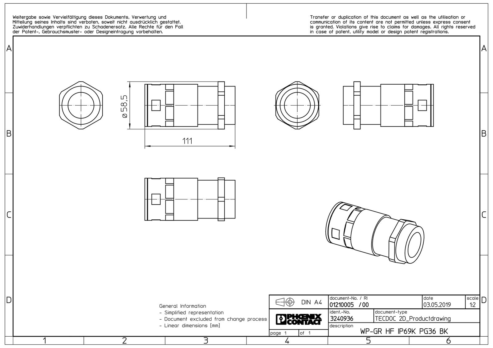 Wellrohrverschraubung PA Ø42,5mm PG36 IP68 Polyamid (PA) 90°Wink Schnapp 13mm