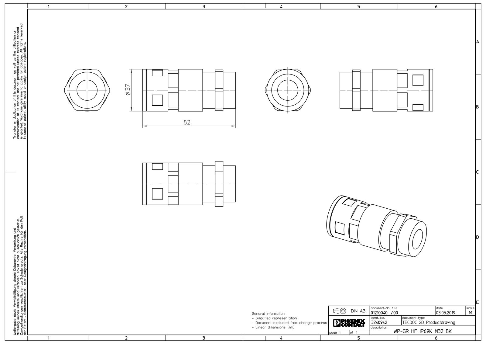Wellrohrverschraubung PA Ø28,5mm M32x1,5 IP68 Polyamid (PA) M32 x 1,5 ger Schnapp