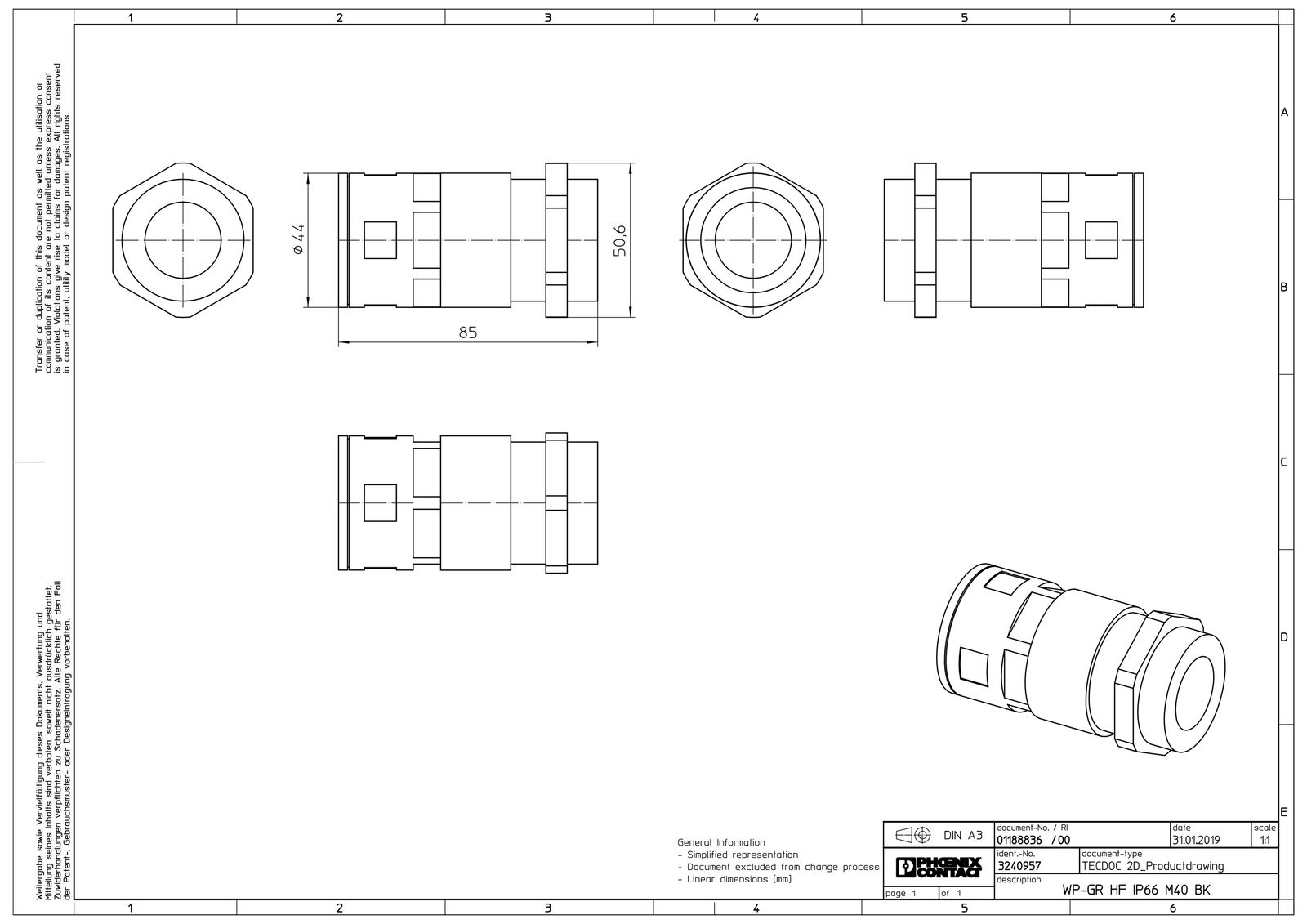 Wellrohrverschraubung PA Ø34,5mm M40x1,5 IP66 Polyamid (PA) M40 x 1,5 ger Schnapp