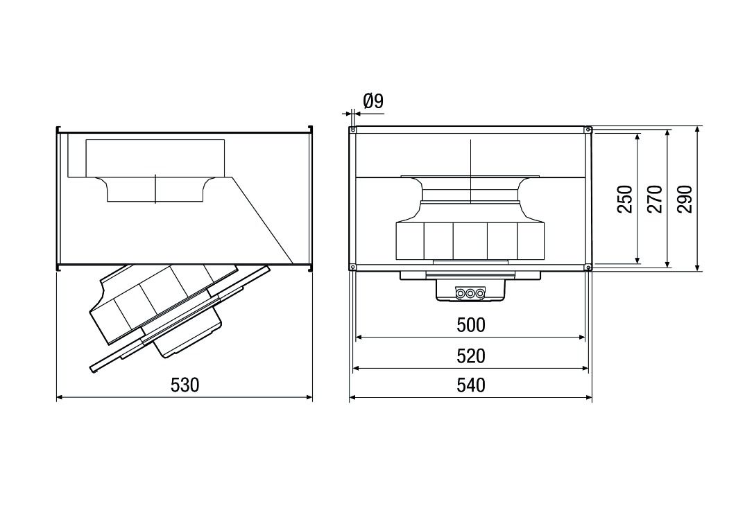 Kanalventilator 540x290mm 230V 2000cbm/h 0,198W Stahlbl IP54 2010g 50°C 50Hz