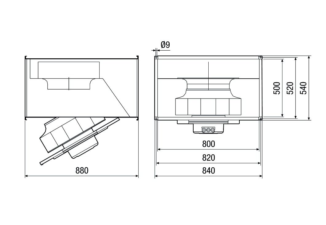 Kanalventilator 840x540mm 400V 9590cbm/h 1,95W Stahlbl IP54 6500g 40°C 50Hz