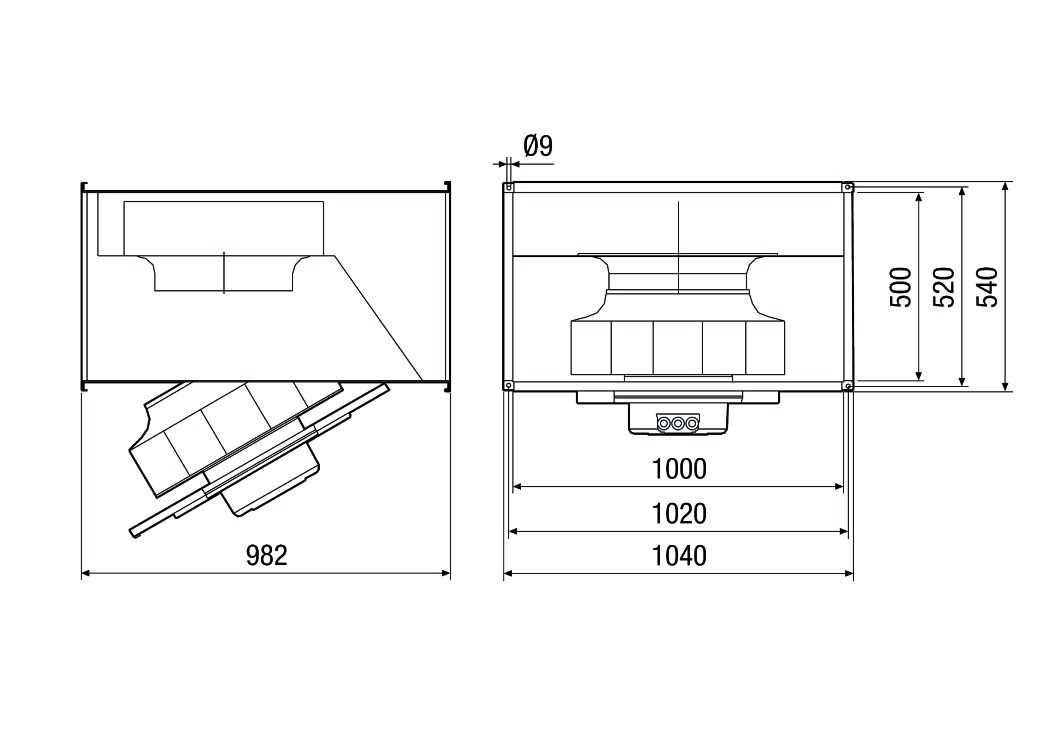Kanalventilator 1040x540m 400V Stahlbl 11990cbm/h 2,53W IP54 8000g 50°C 50Hz