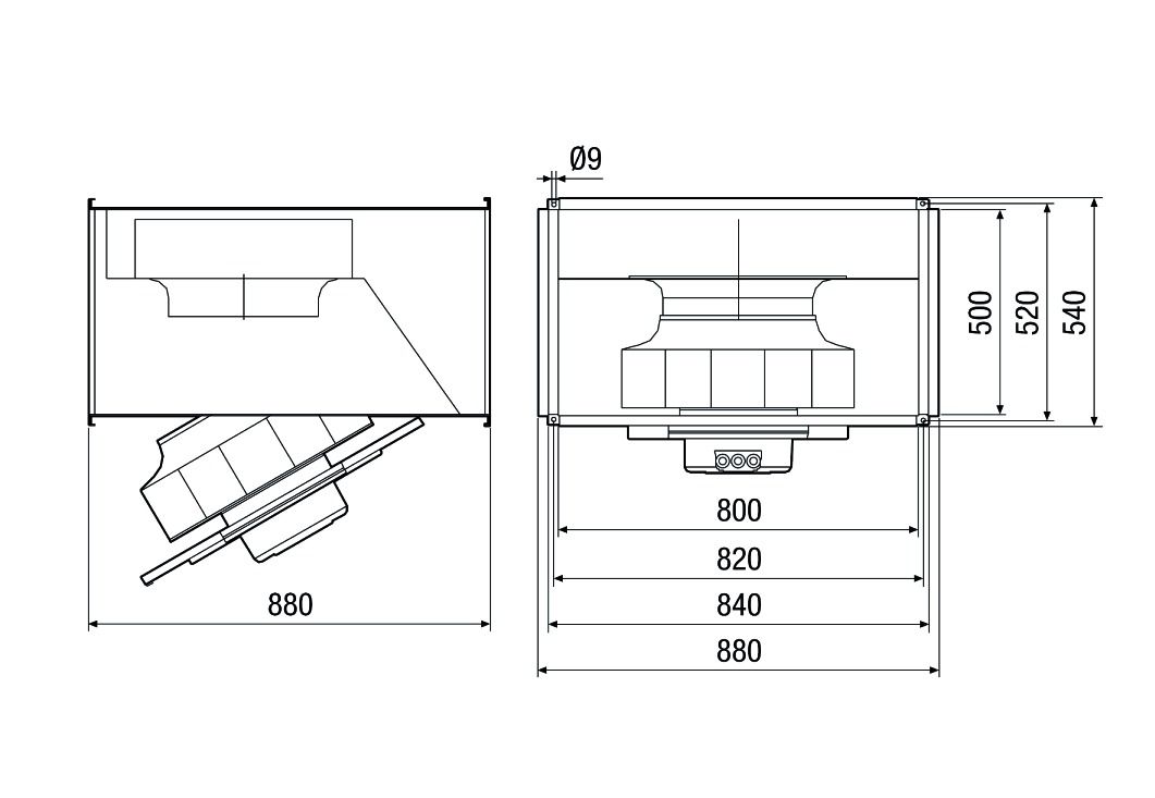 Kanalventilator 500x800mm 400V 9590cbm/h 1,95W Stahlbl IP54 78000g 40°C 50Hz