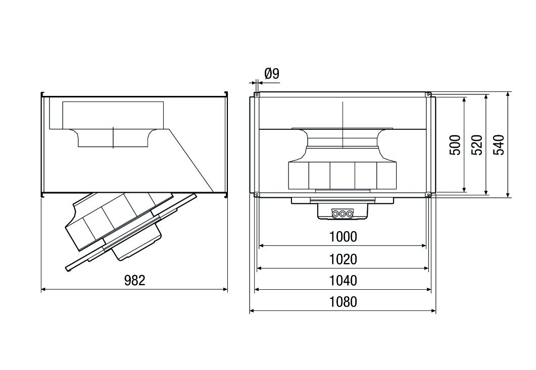 Kanalventilator 500x1000m 400V Stahlbl 11990cbm/h 2,53W IP54 91000g 50°C 50Hz