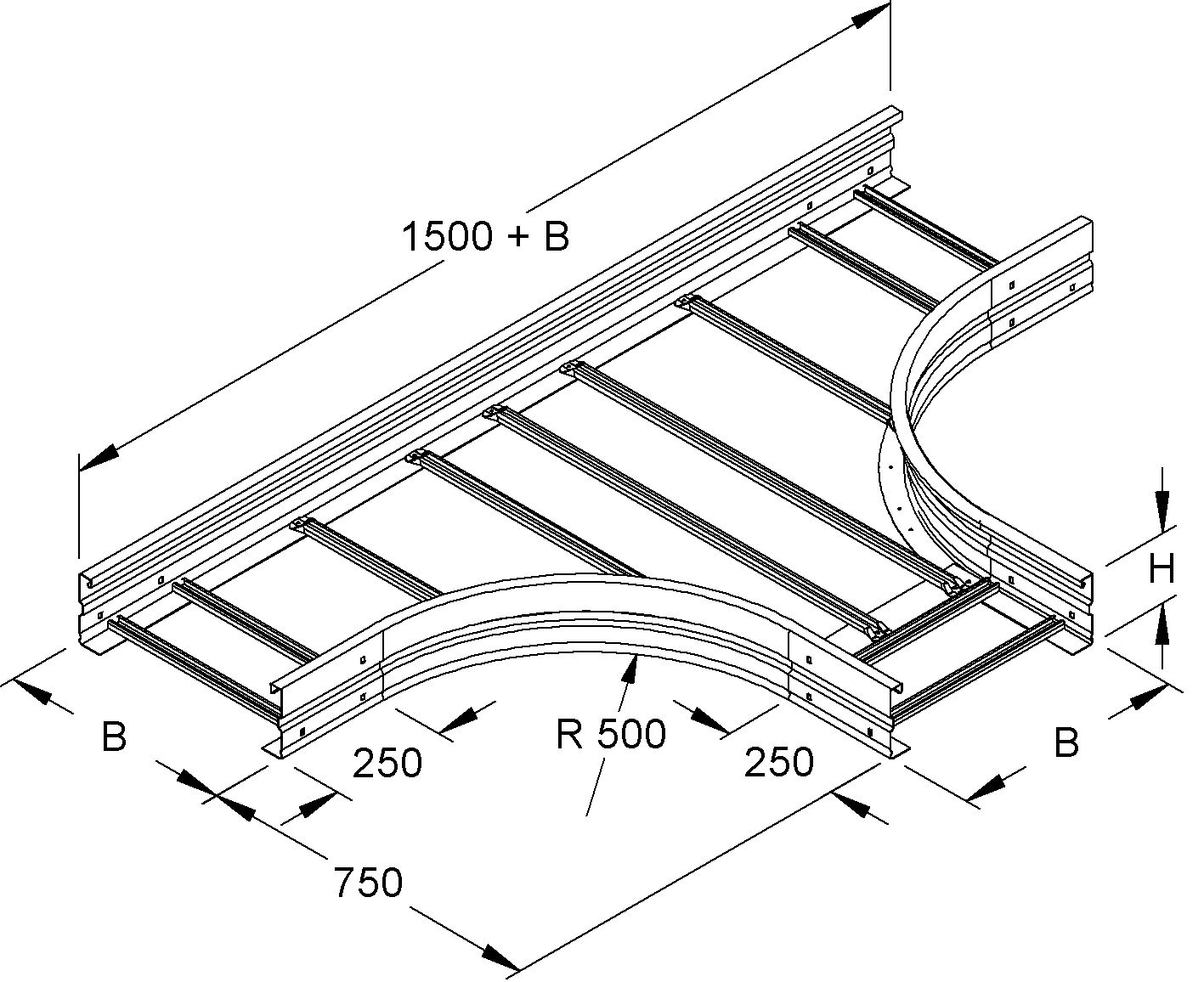 T-Stück Kabelleiter sym 150x500mm Weitsp int.Verb Ausführung symmetrisch